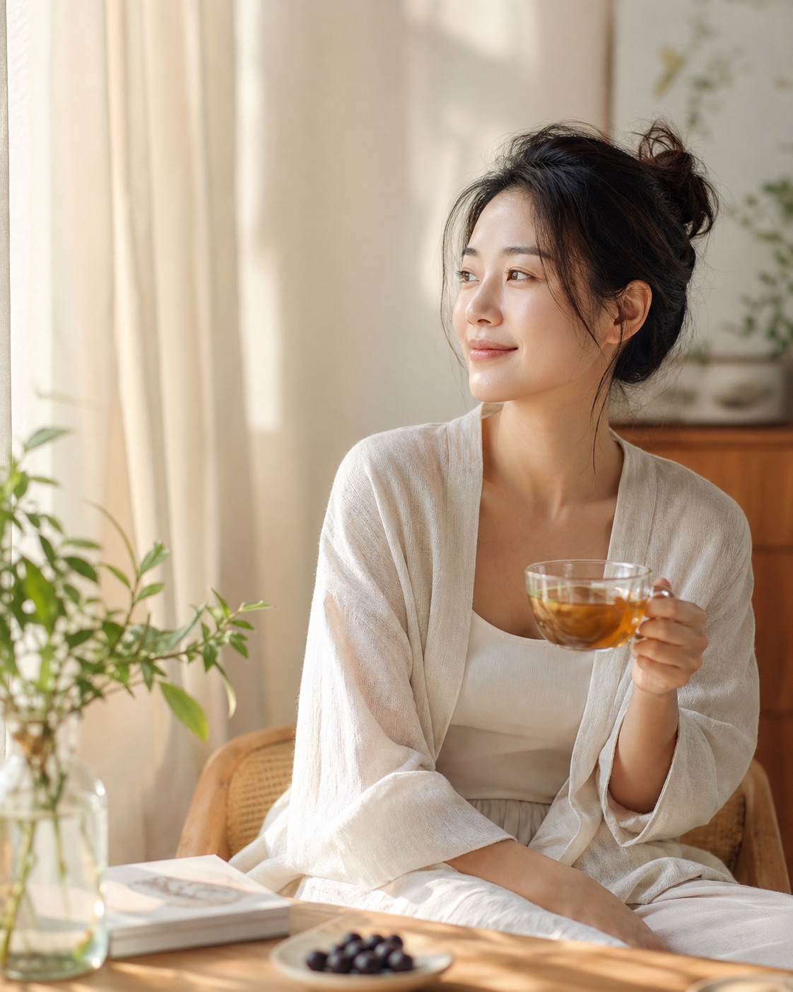 一位女性在晨光里喝茶，呈现自然健康生活状态